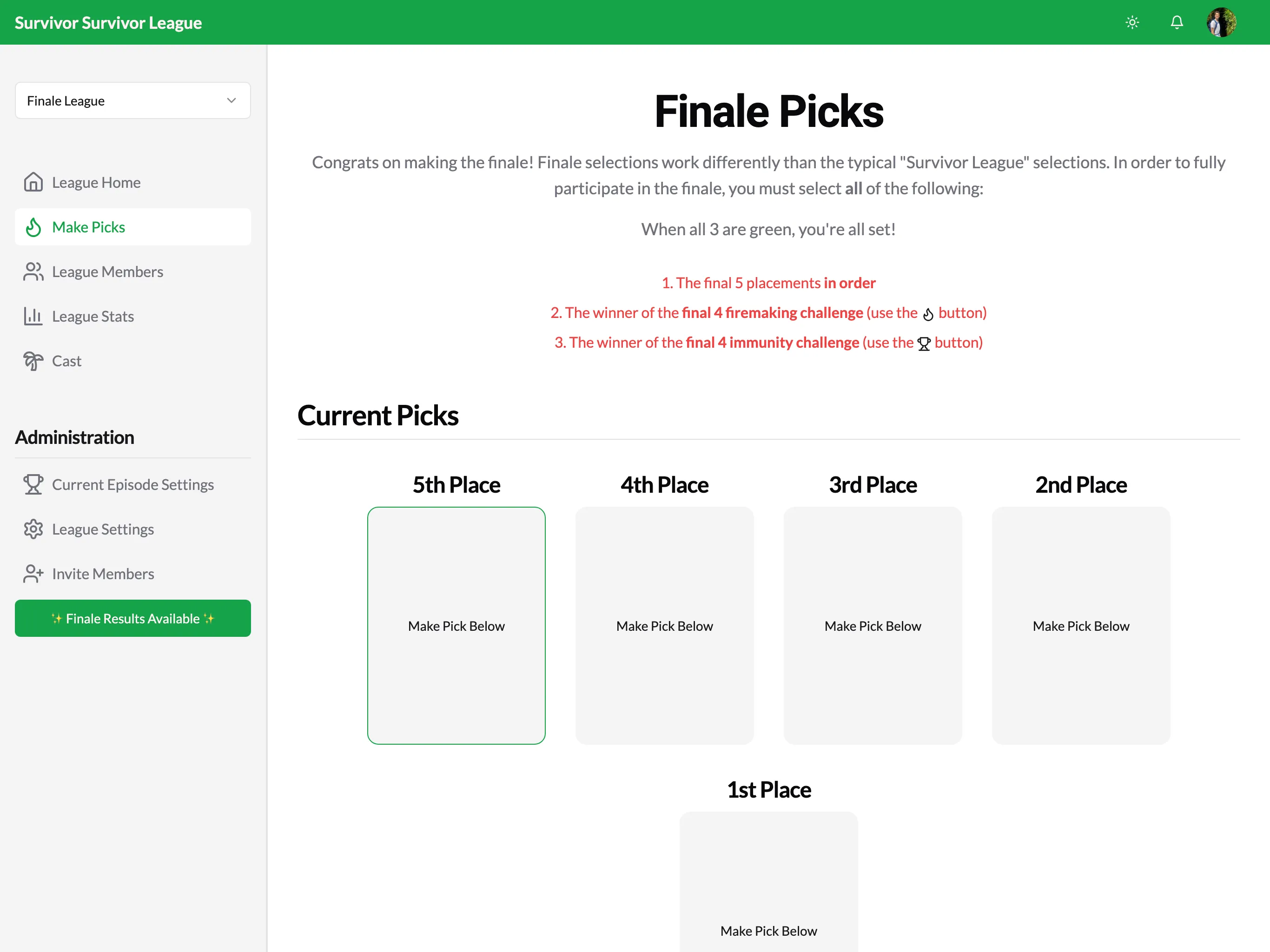 Screenshot of finale page