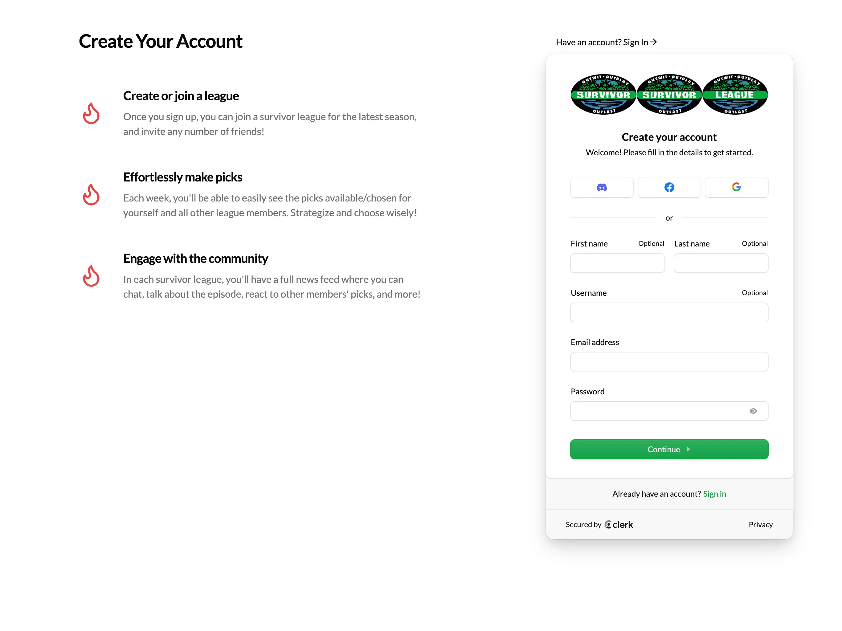 The sign up account form