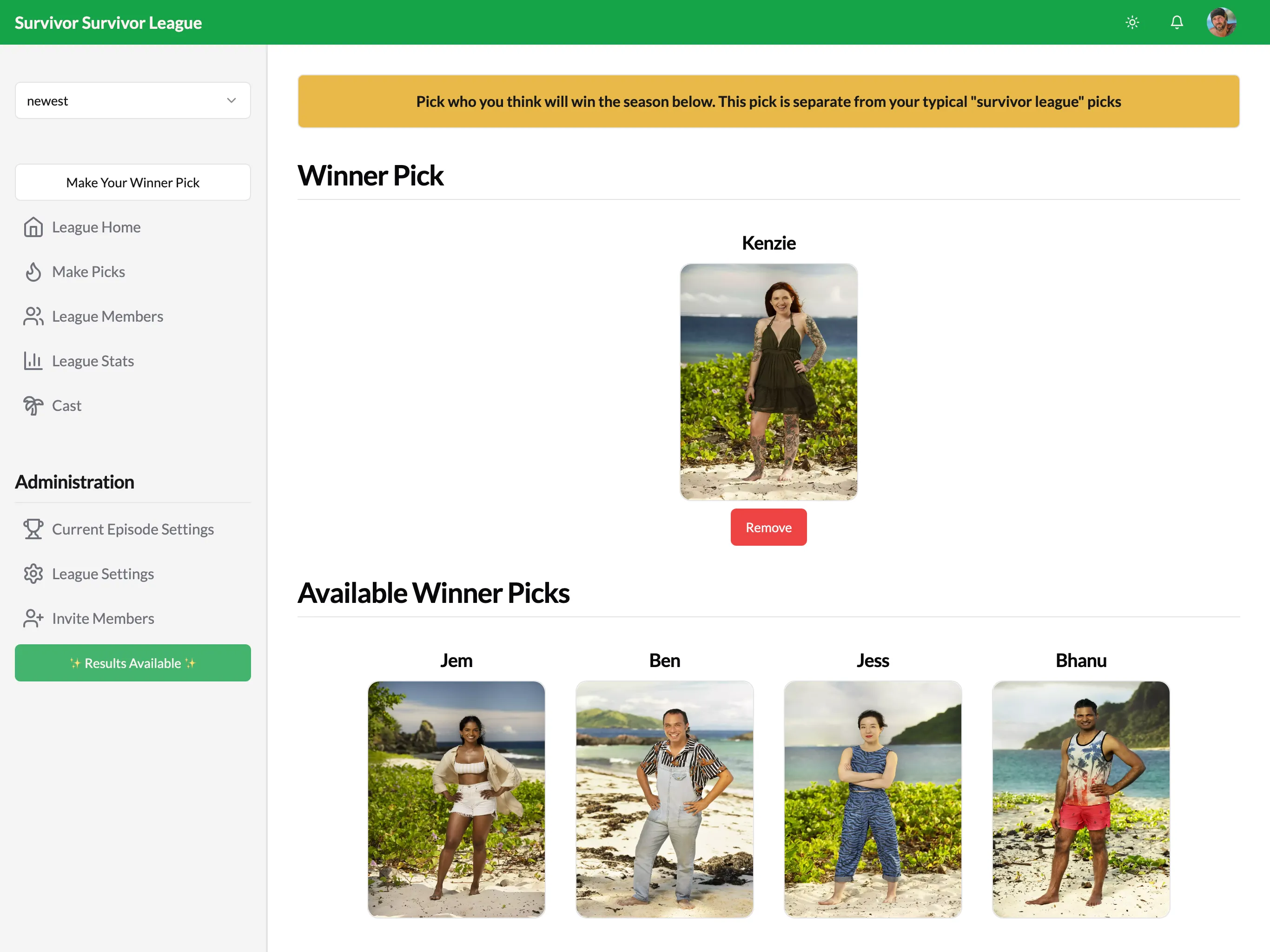 Screenshot of winner pick page